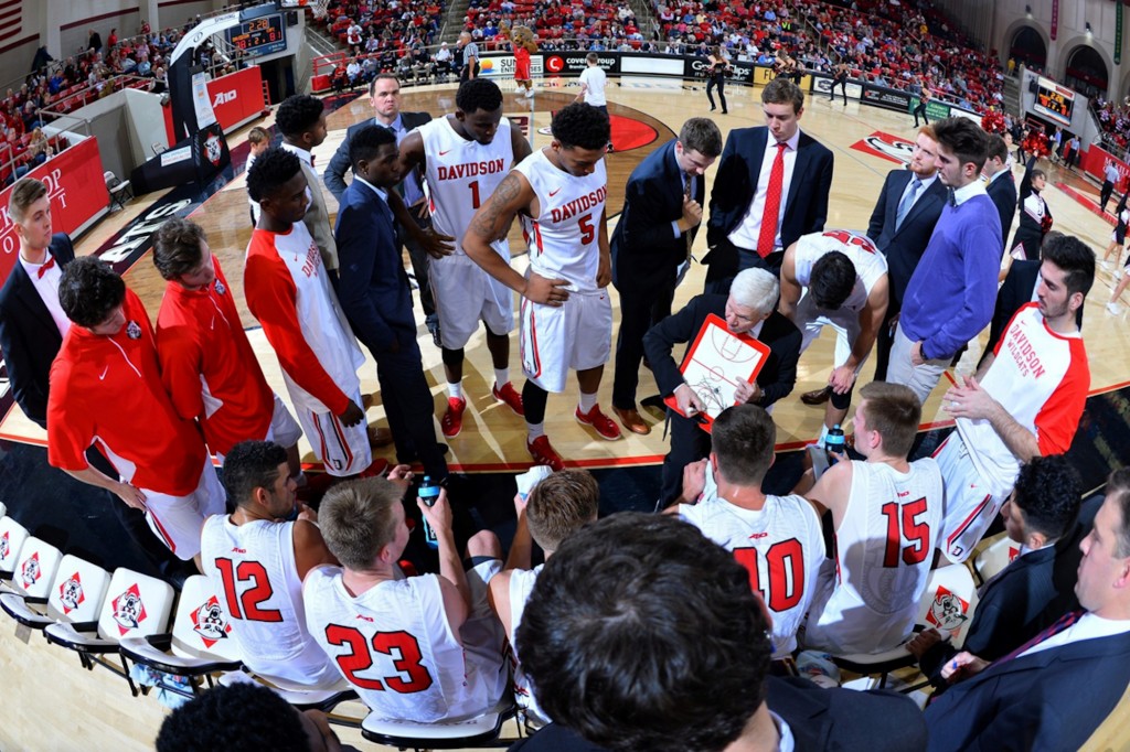 Bob McKillop talks to the Davidson Wildcats during a timeout at Belk Arena. 